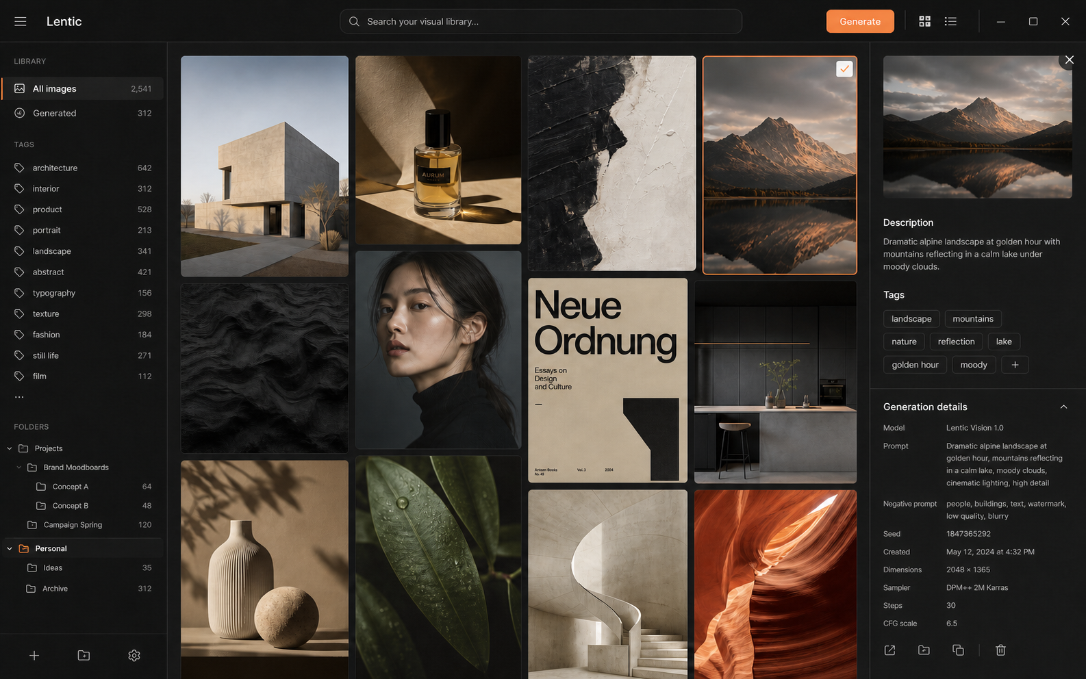 Conceptual Lentic interface showing a visual image library with search, tags, folders, and an image detail panel